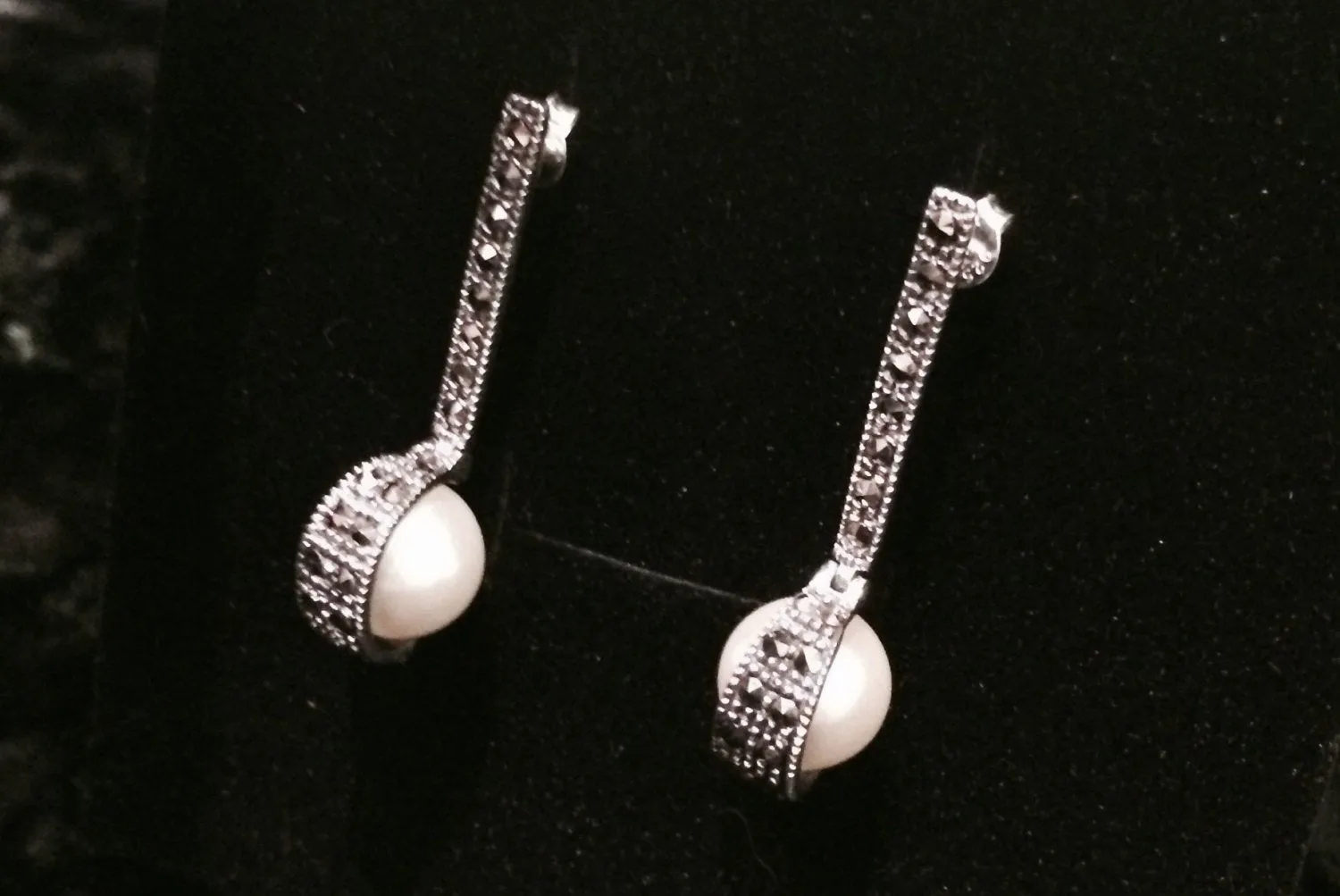 Art Deco style pearl ball  Silver Marcasite Earrings