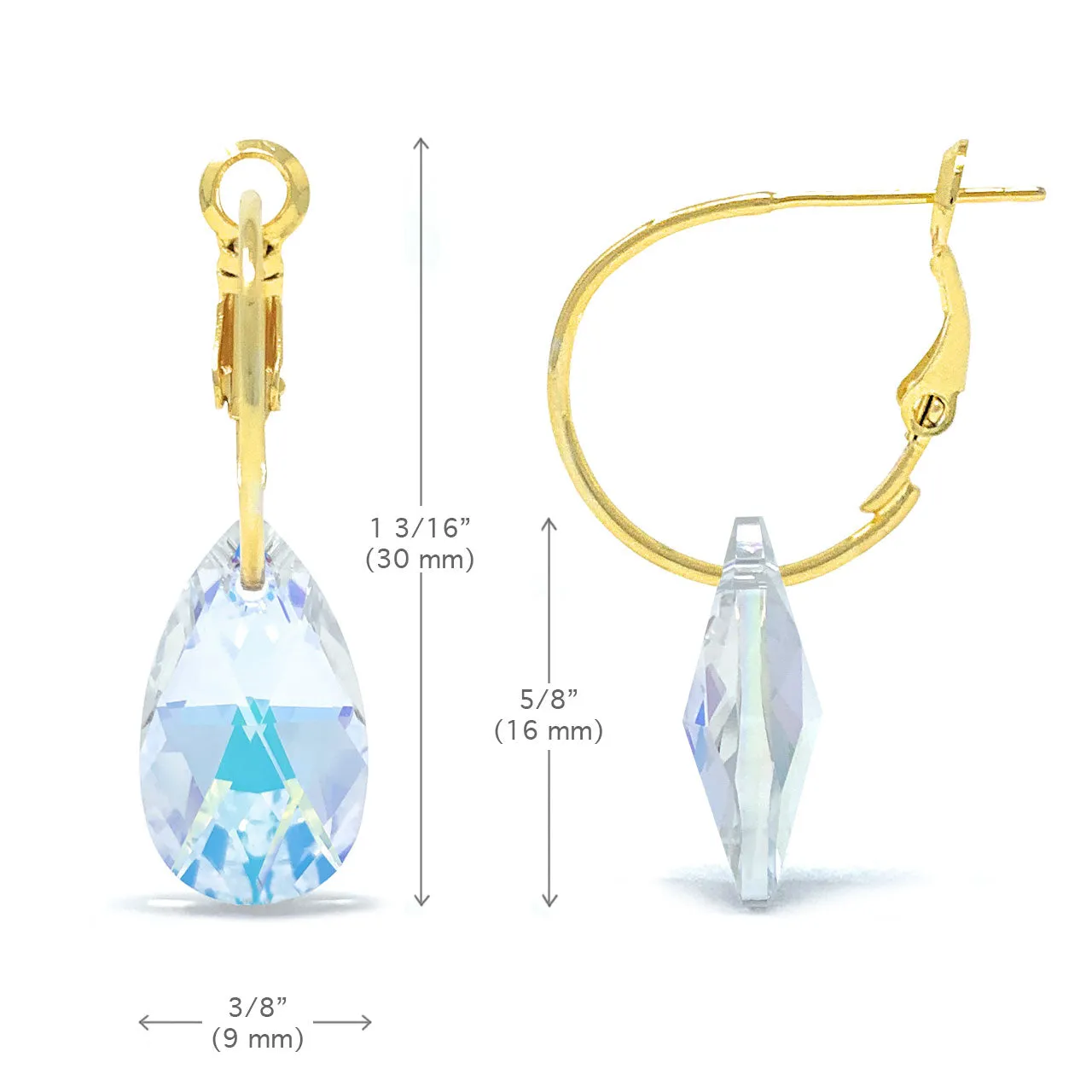 Aurora Small Drop Earrings with Clear Multicolor Aurore Boreale Pear Crystals from Swarovski Gold Plated