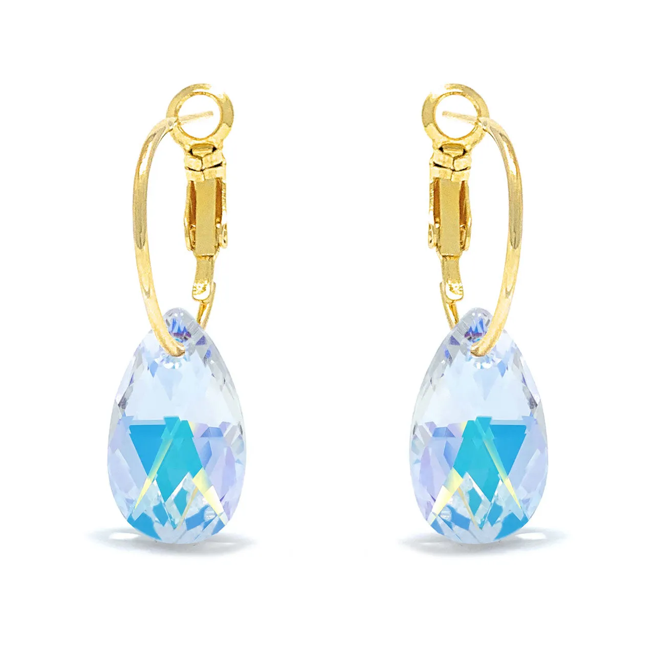 Aurora Small Drop Earrings with Clear Multicolor Aurore Boreale Pear Crystals from Swarovski Gold Plated