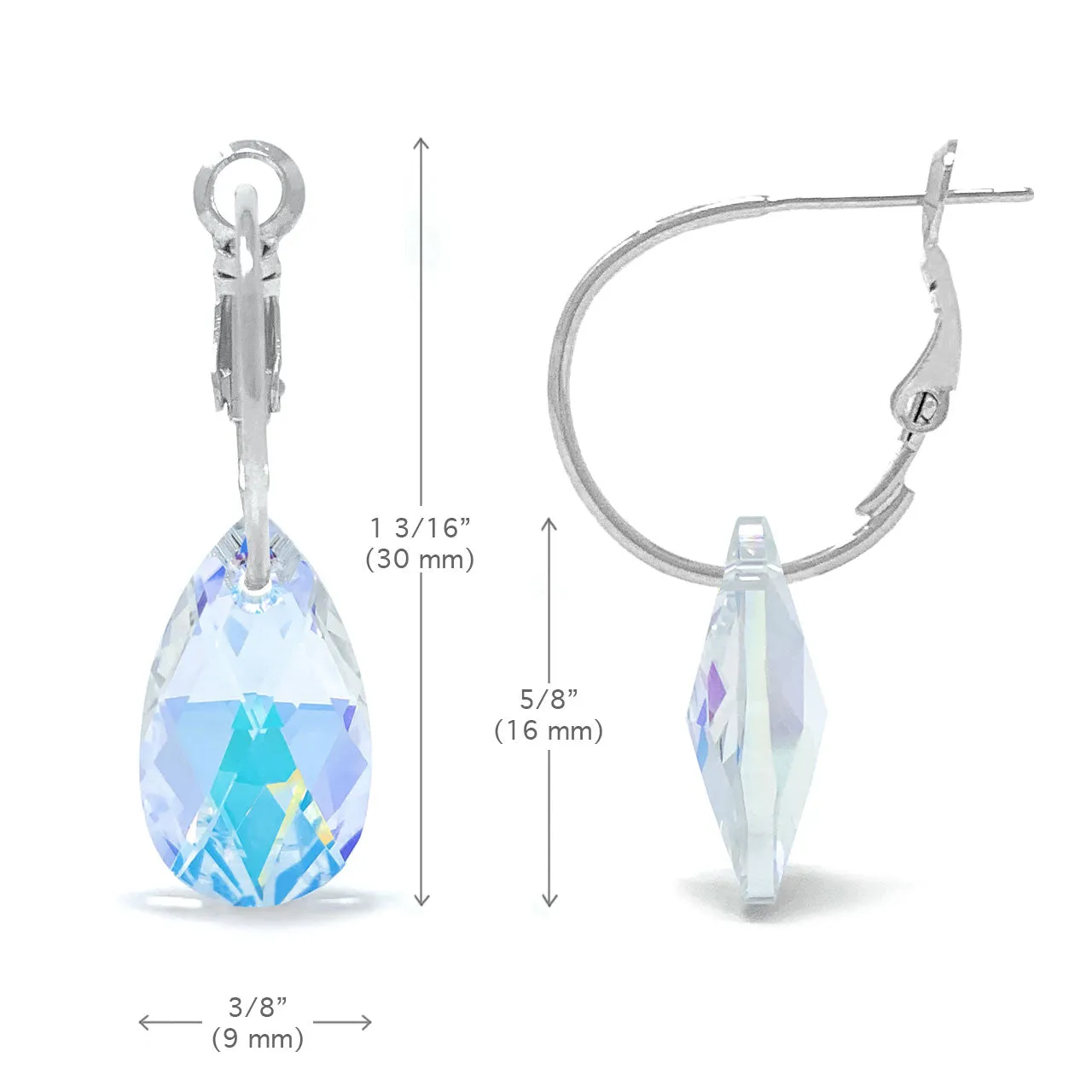 Aurora Small Drop Earrings with Clear Multicolor Aurore Boreale Pear Crystals from Swarovski Silver Toned Rhodium Plated