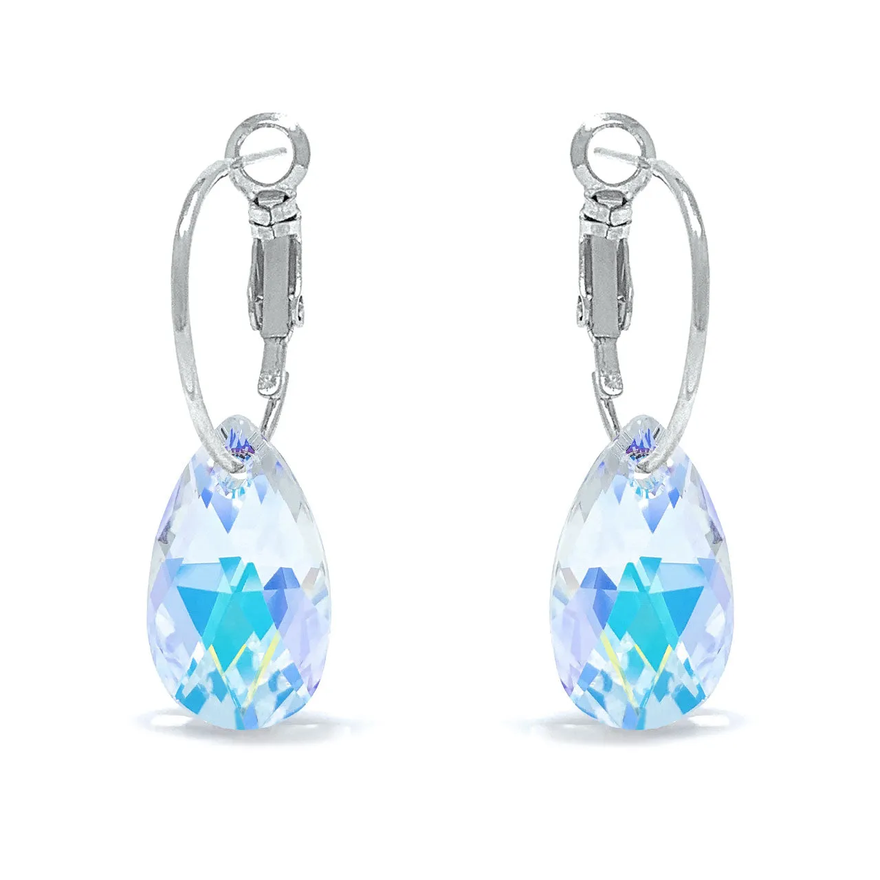 Aurora Small Drop Earrings with Clear Multicolor Aurore Boreale Pear Crystals from Swarovski Silver Toned Rhodium Plated