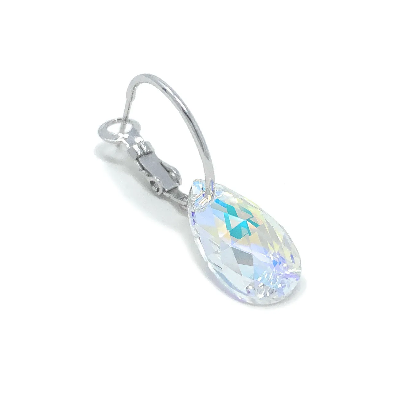 Aurora Small Drop Earrings with Clear Multicolor Aurore Boreale Pear Crystals from Swarovski Silver Toned Rhodium Plated