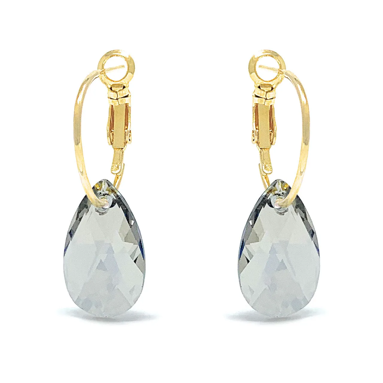 Aurora Small Drop Earrings with Grey Silver Shade Pear Crystals from Swarovski Gold Plated