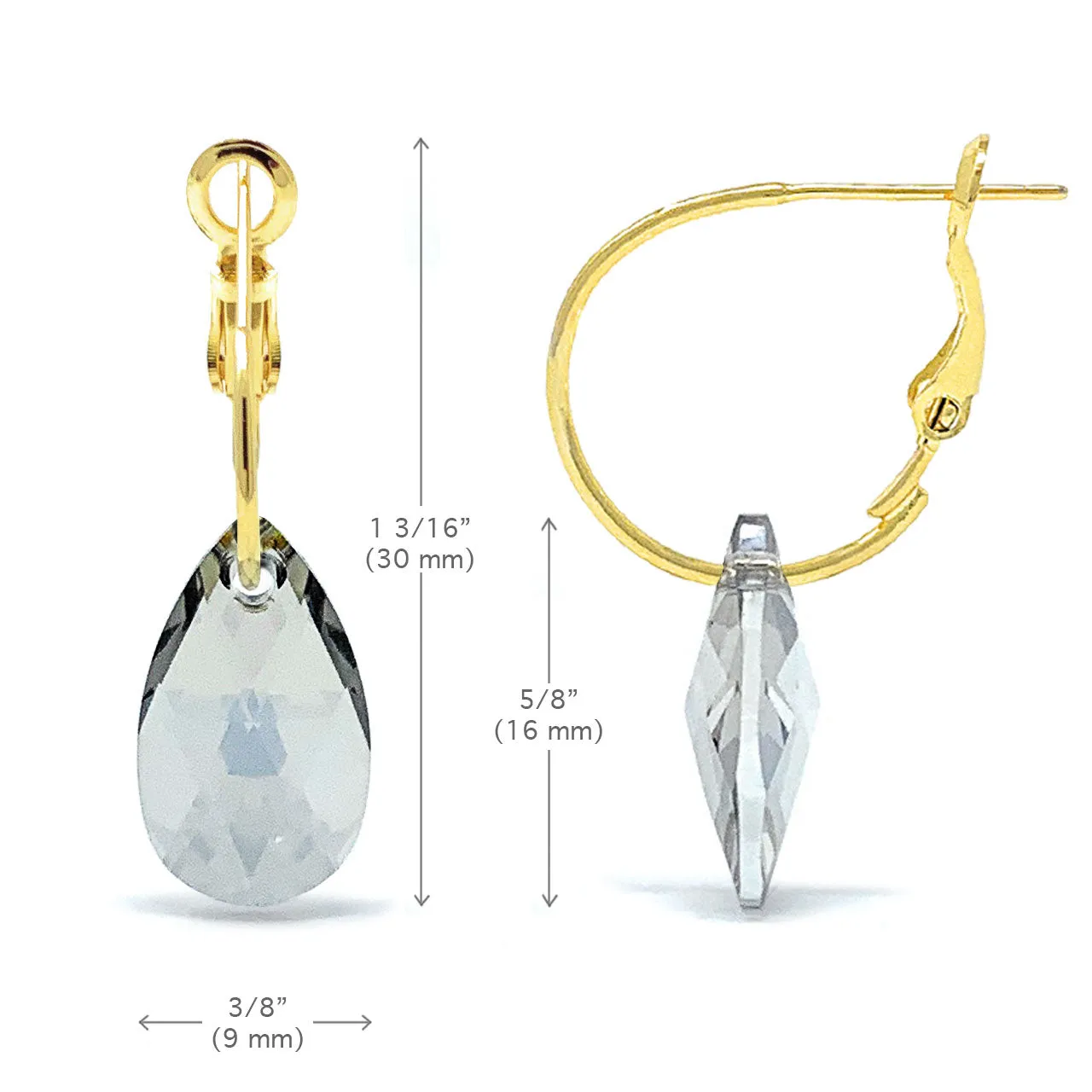 Aurora Small Drop Earrings with Grey Silver Shade Pear Crystals from Swarovski Gold Plated