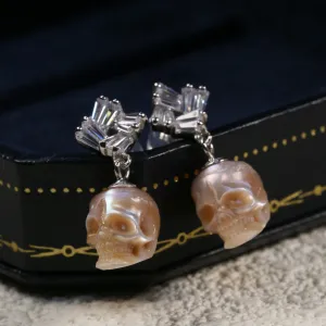 Baguette Cut Square CZ Pearl Skull Earrings