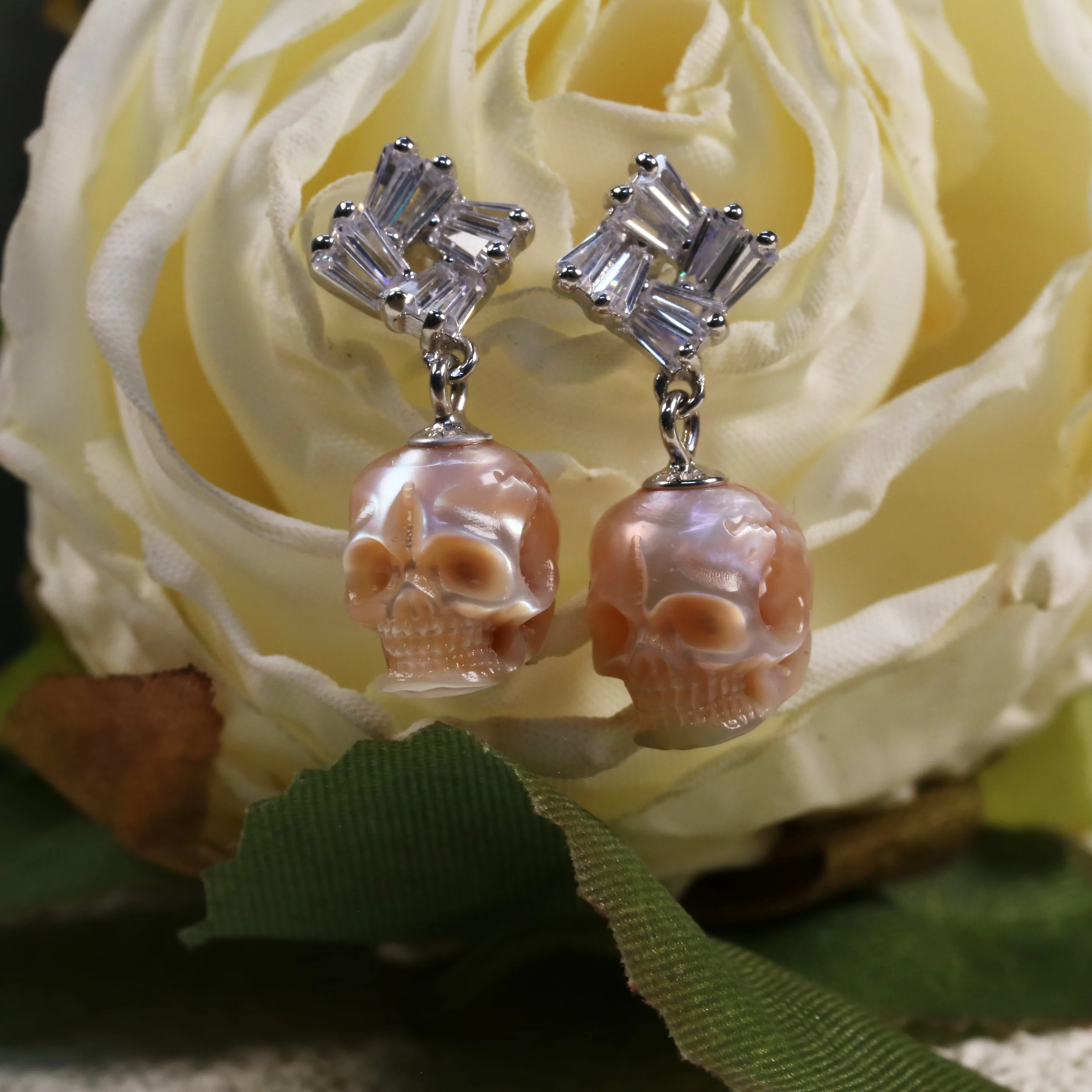 Baguette Cut Square CZ Pearl Skull Earrings