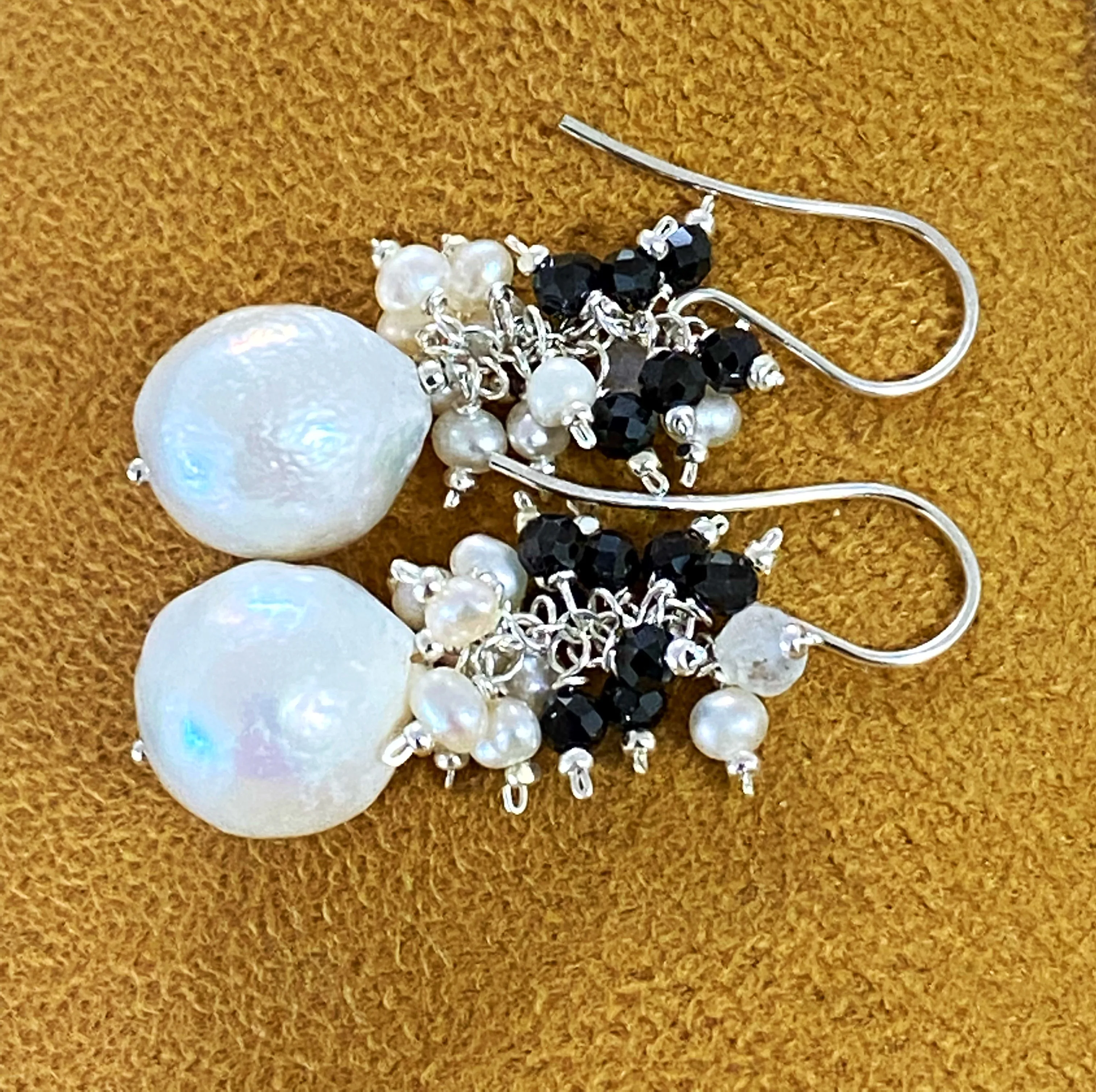 Baroque Edison Pearl Cluster Earrings Black Spinel Sterling Silver
