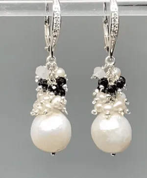 Baroque Edison Pearl Cluster Earrings Black Spinel Sterling Silver