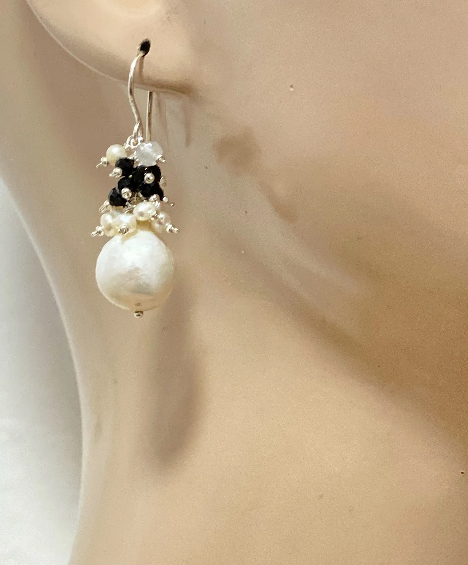 Baroque Edison Pearl Cluster Earrings Black Spinel Sterling Silver