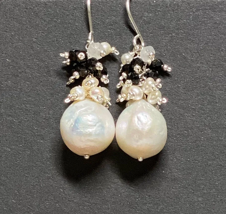 Baroque Edison Pearl Cluster Earrings Black Spinel Sterling Silver