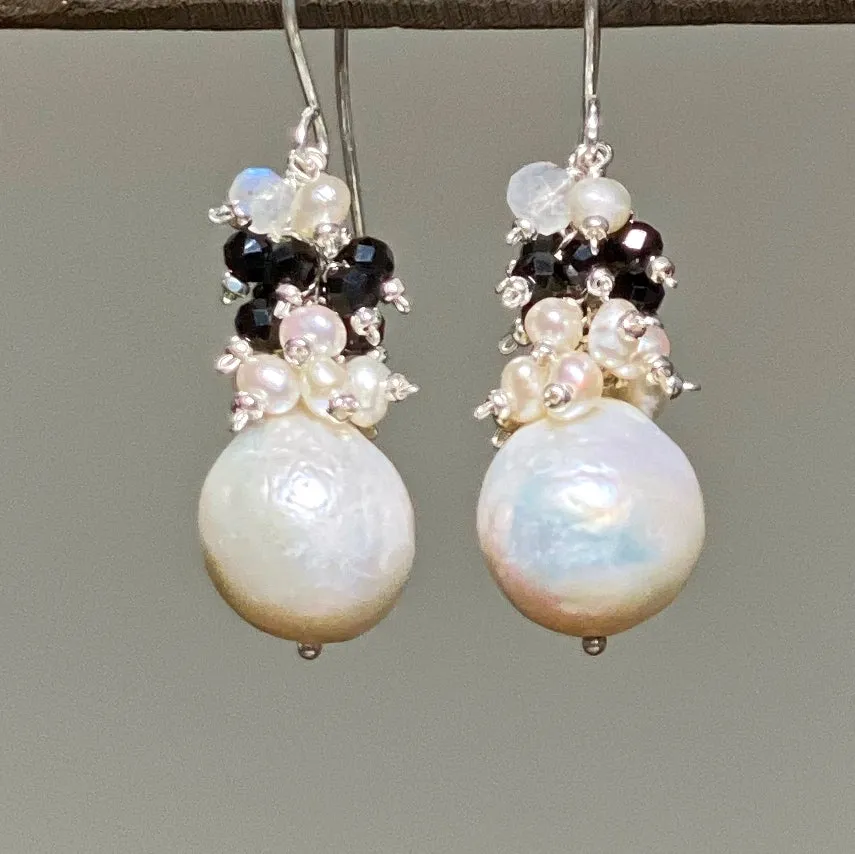 Baroque Edison Pearl Cluster Earrings Black Spinel Sterling Silver