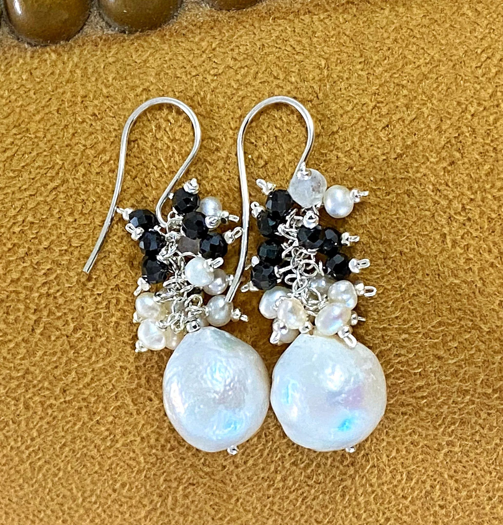 Baroque Edison Pearl Cluster Earrings Black Spinel Sterling Silver