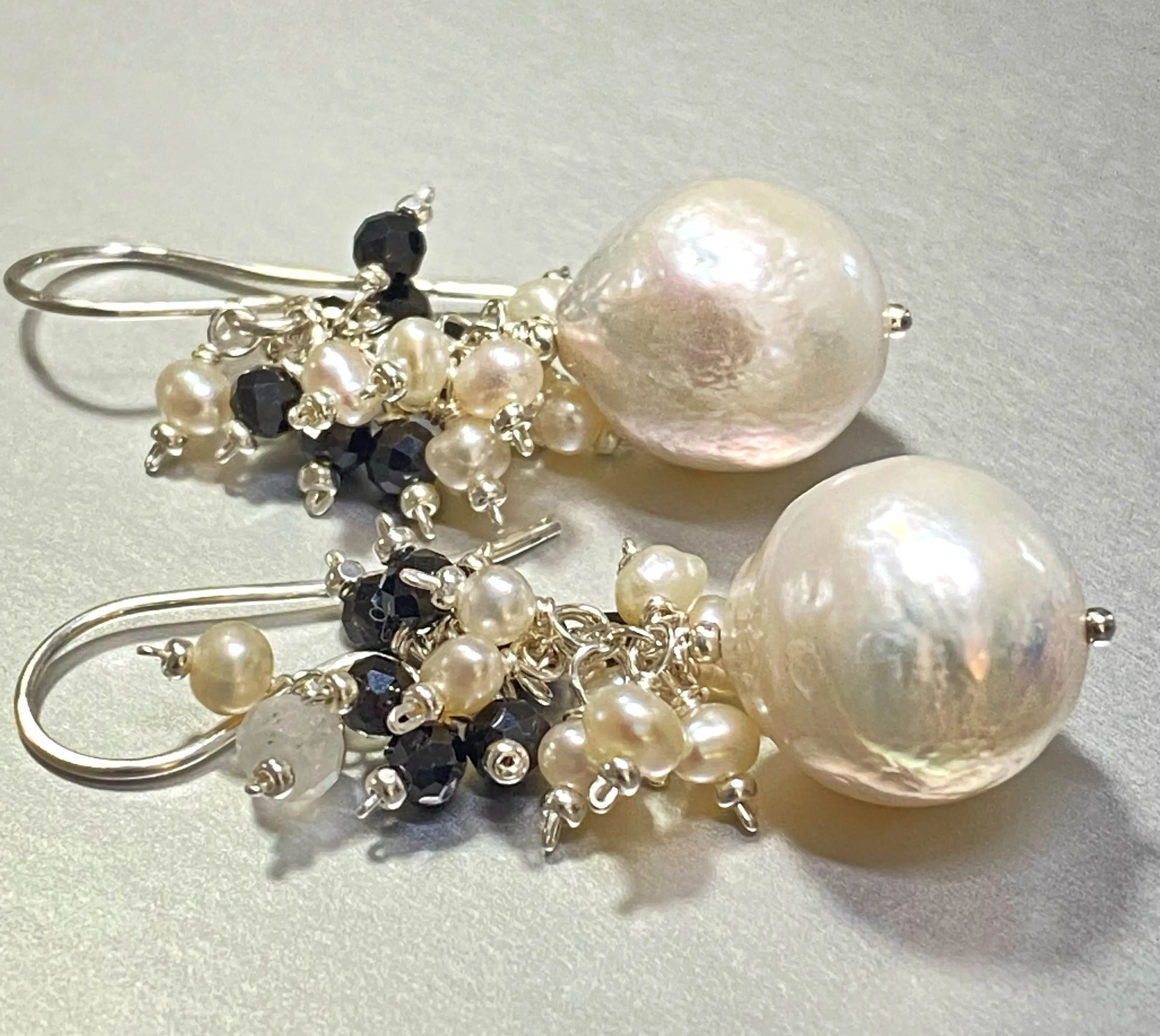 Baroque Edison Pearl Cluster Earrings Black Spinel Sterling Silver
