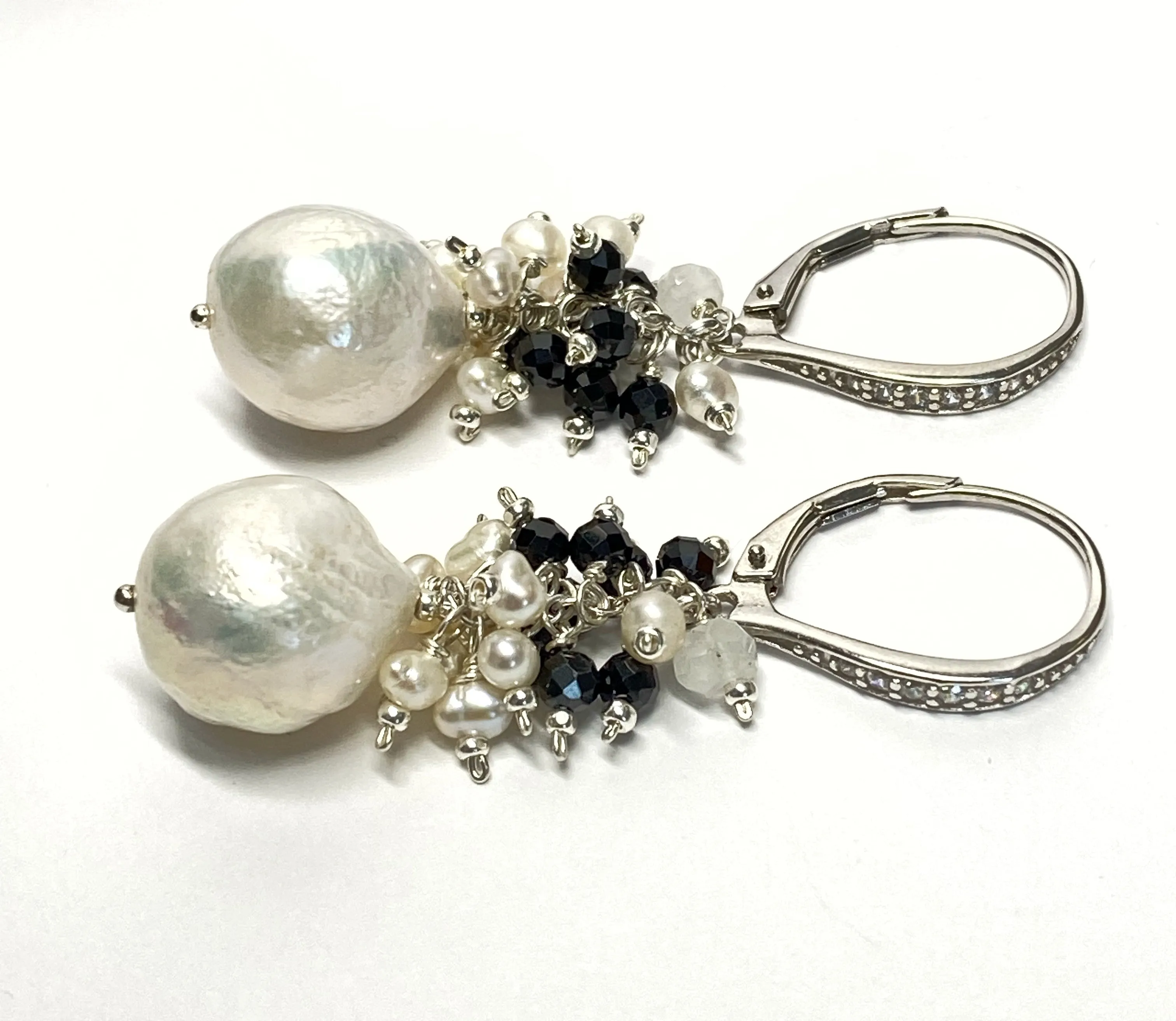 Baroque Edison Pearl Cluster Earrings Black Spinel Sterling Silver