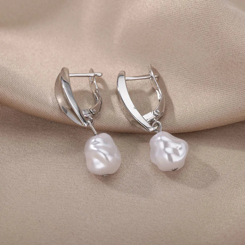 Baroque Pearl Earrings For Women Stainless Steel Zircon Water Droplet Steel Ring Drop Earring Wedding Party Jewelry Bijoux Femme