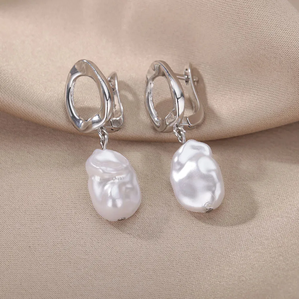 Baroque Pearl Earrings For Women Stainless Steel Zircon Water Droplet Steel Ring Drop Earring Wedding Party Jewelry Bijoux Femme