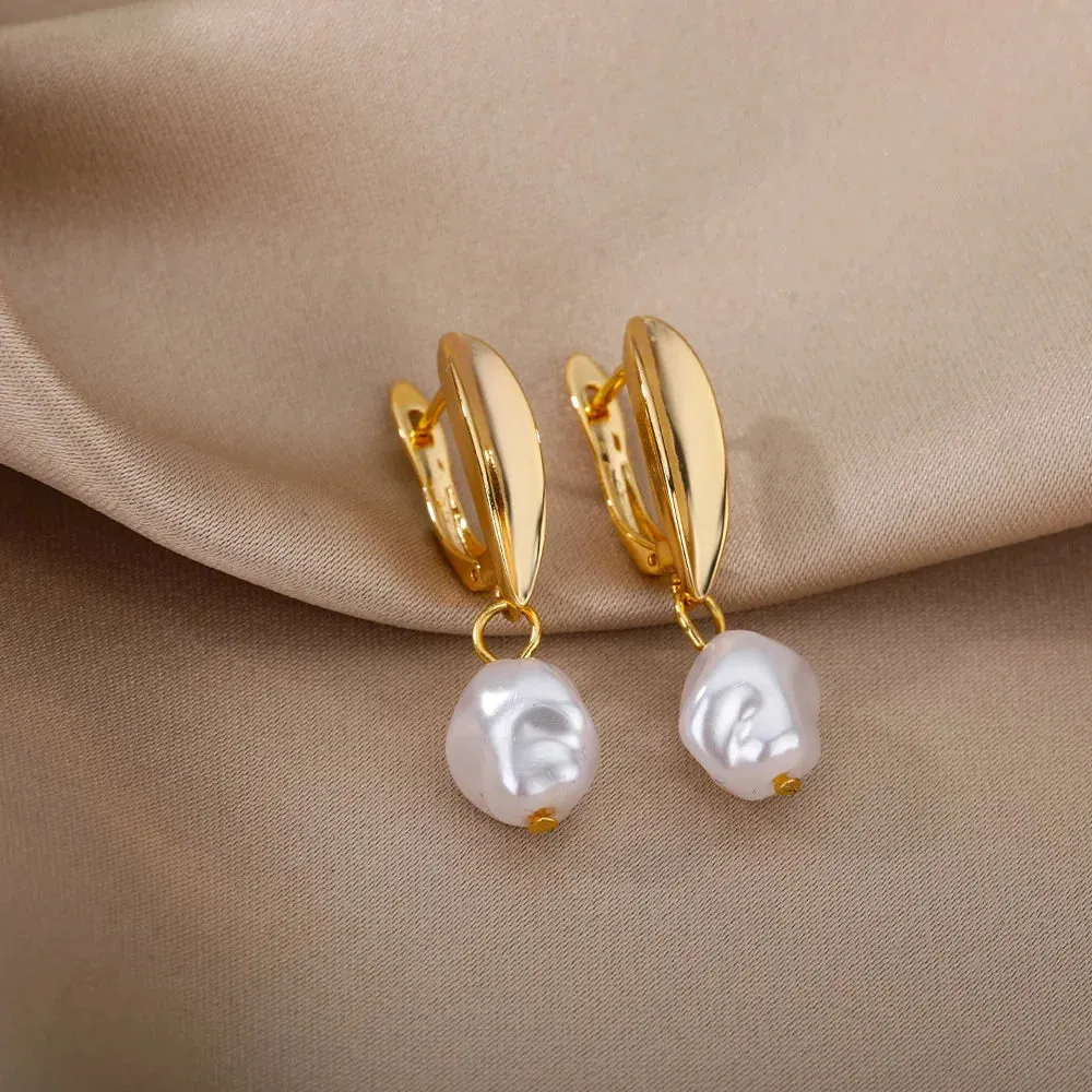 Baroque Pearl Earrings For Women Stainless Steel Zircon Water Droplet Steel Ring Drop Earring Wedding Party Jewelry Bijoux Femme