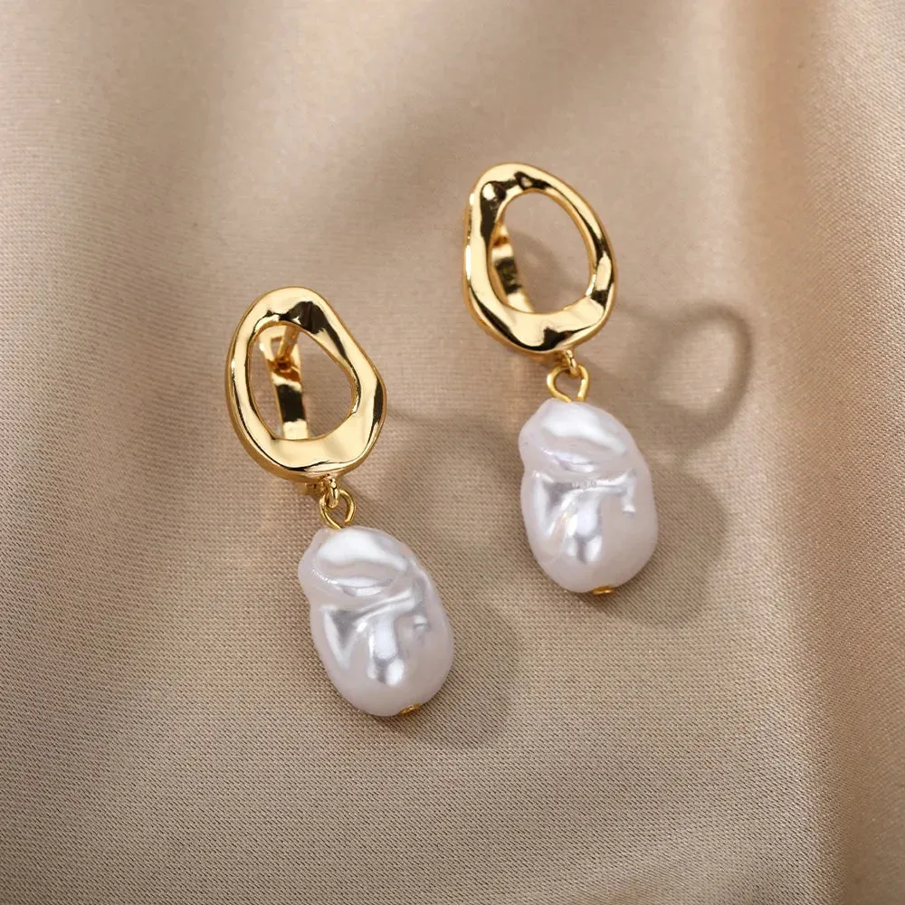 Baroque Pearl Earrings For Women Stainless Steel Zircon Water Droplet Steel Ring Drop Earring Wedding Party Jewelry Bijoux Femme