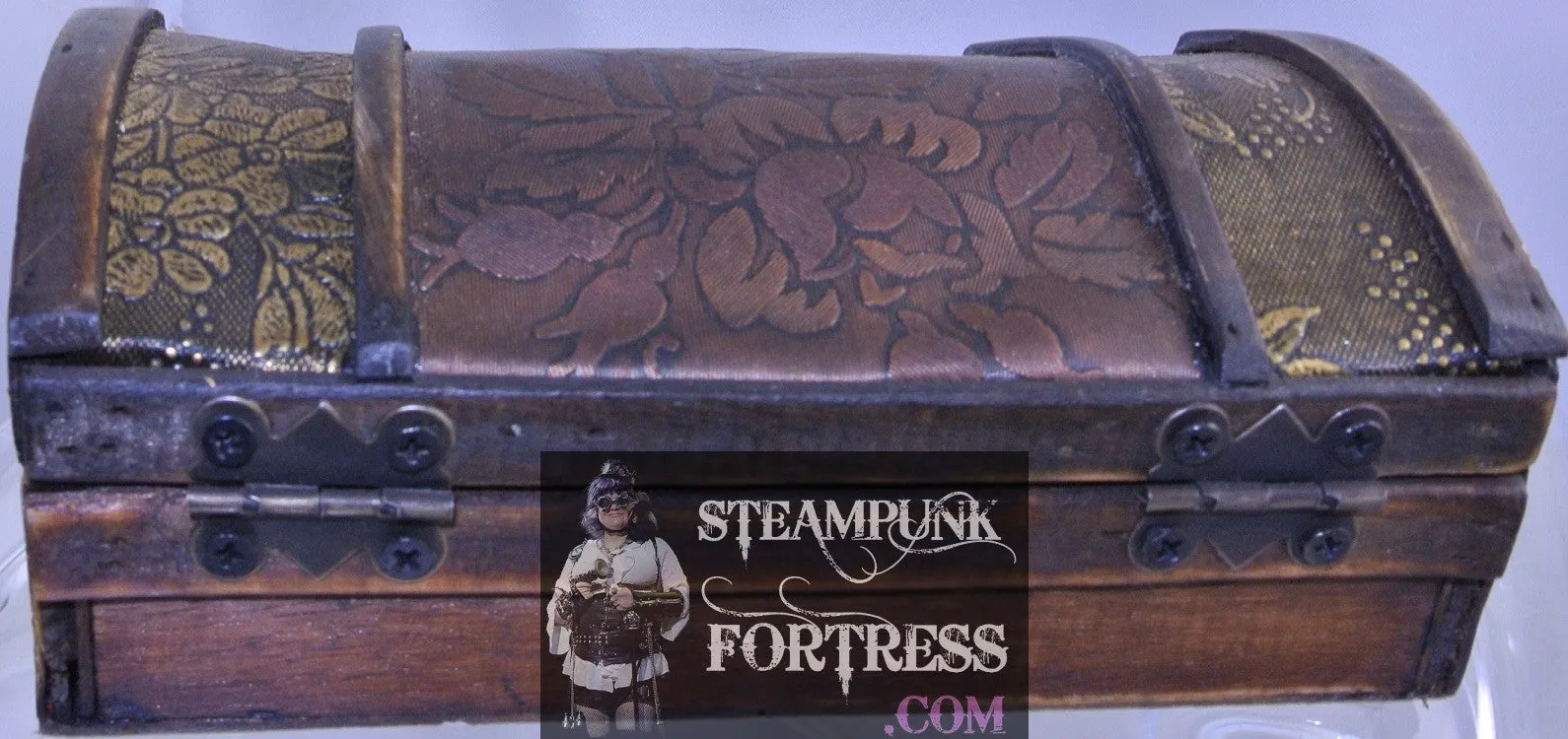 BEAUTIFUL ENGRAVED WOOD BOX FLOWERS FLORAL BRASS INLAY KEEPSAKE TRINKET JEWELRY STEAMPUNK