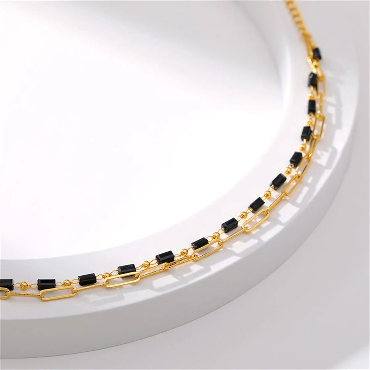 Black Acrylic & 18K Gold-Plated Bead Chain Layered Anklet
