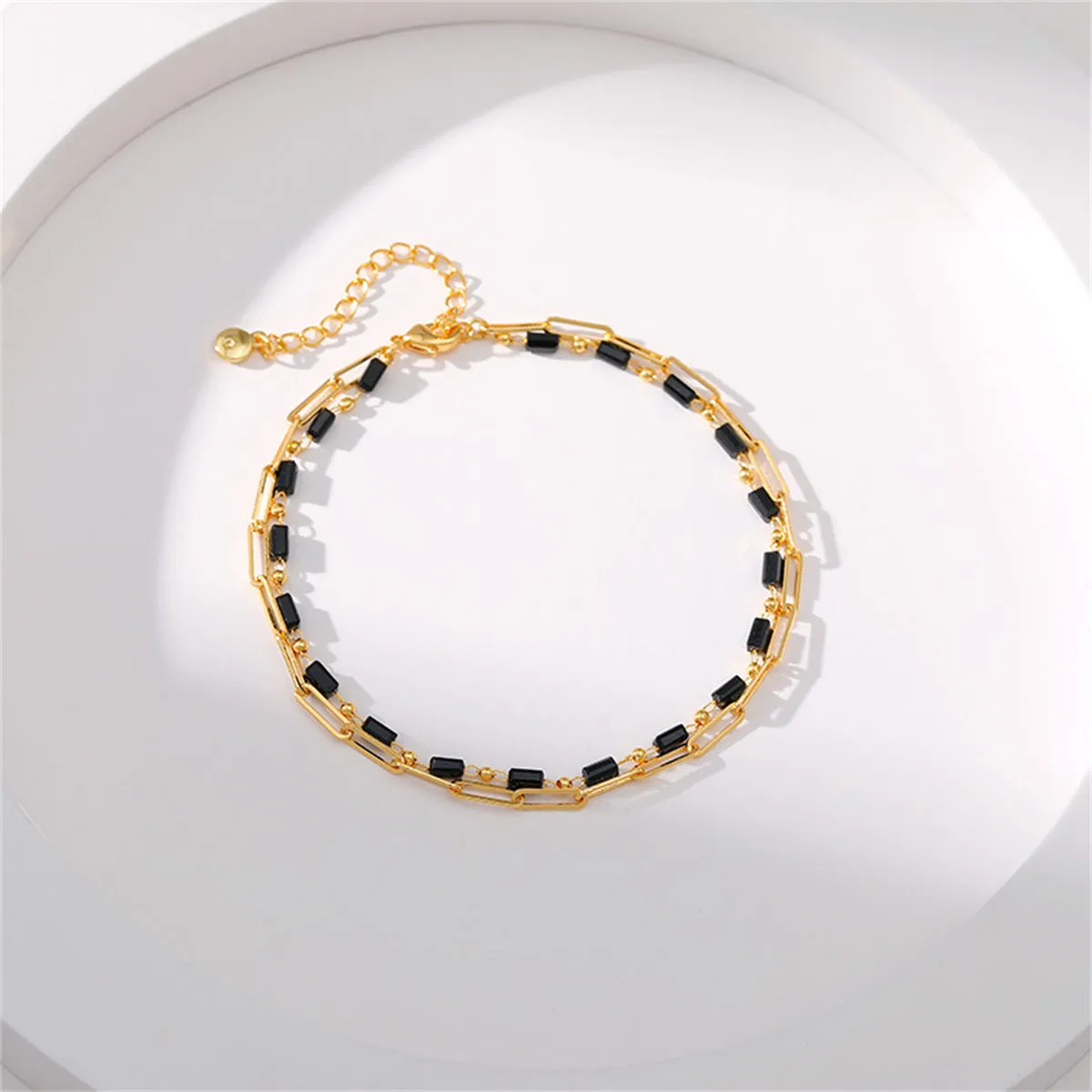 Black Acrylic & 18K Gold-Plated Bead Chain Layered Anklet