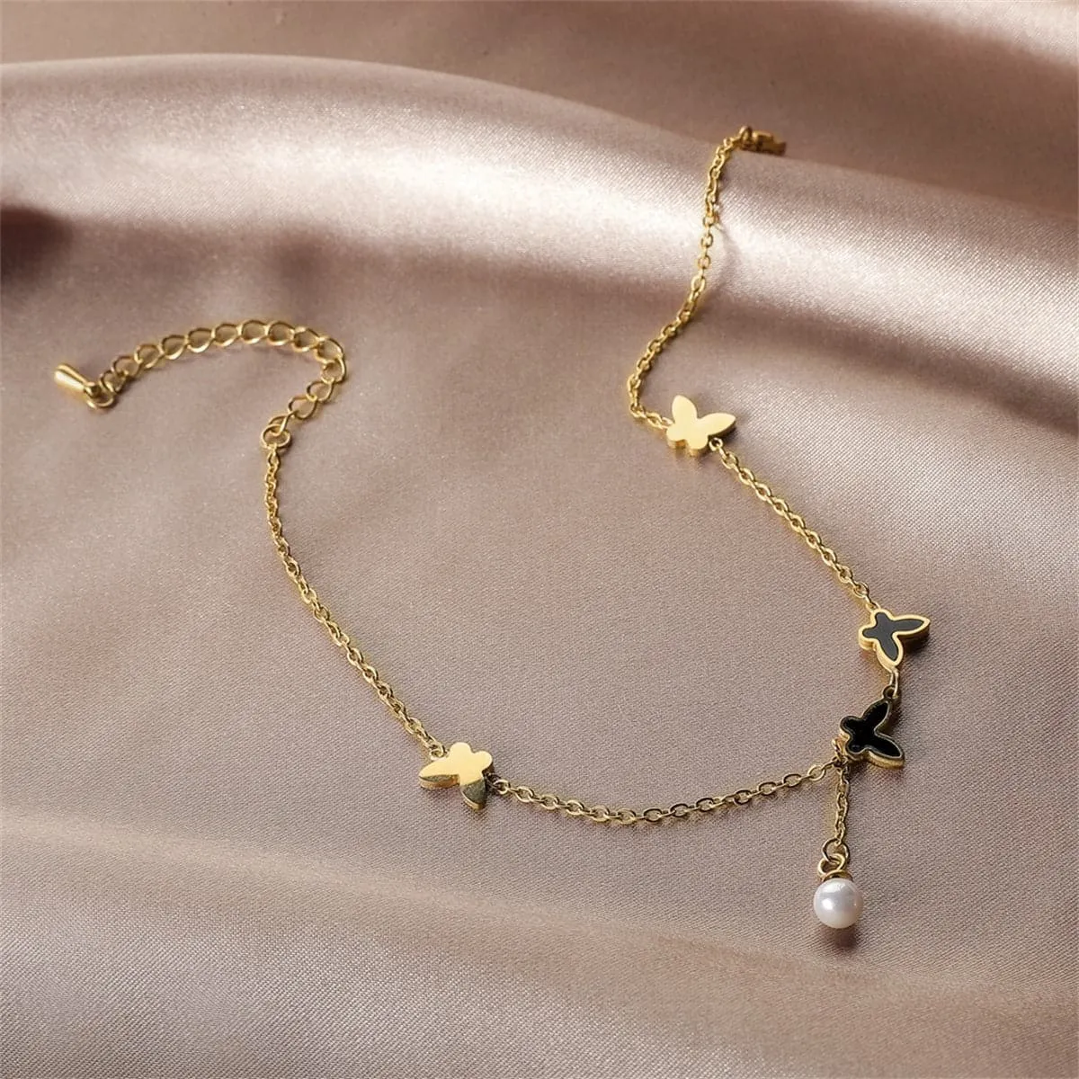 Black Acrylic & Pearl 18K Gold-Plated Butterfly Anklet