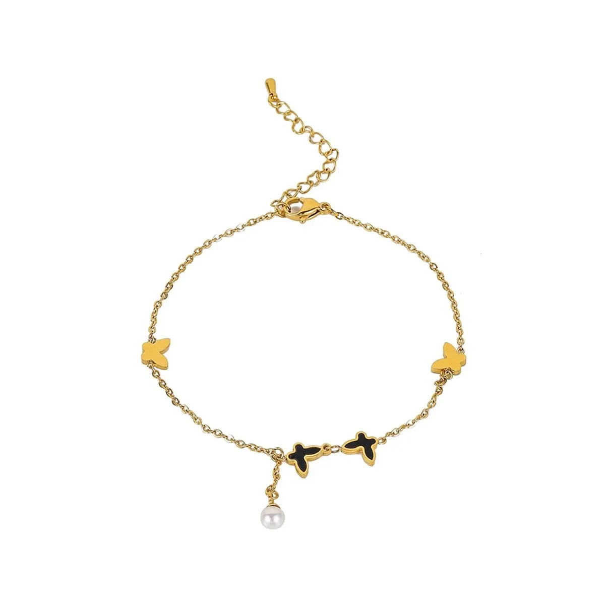 Black Acrylic & Pearl 18K Gold-Plated Butterfly Anklet