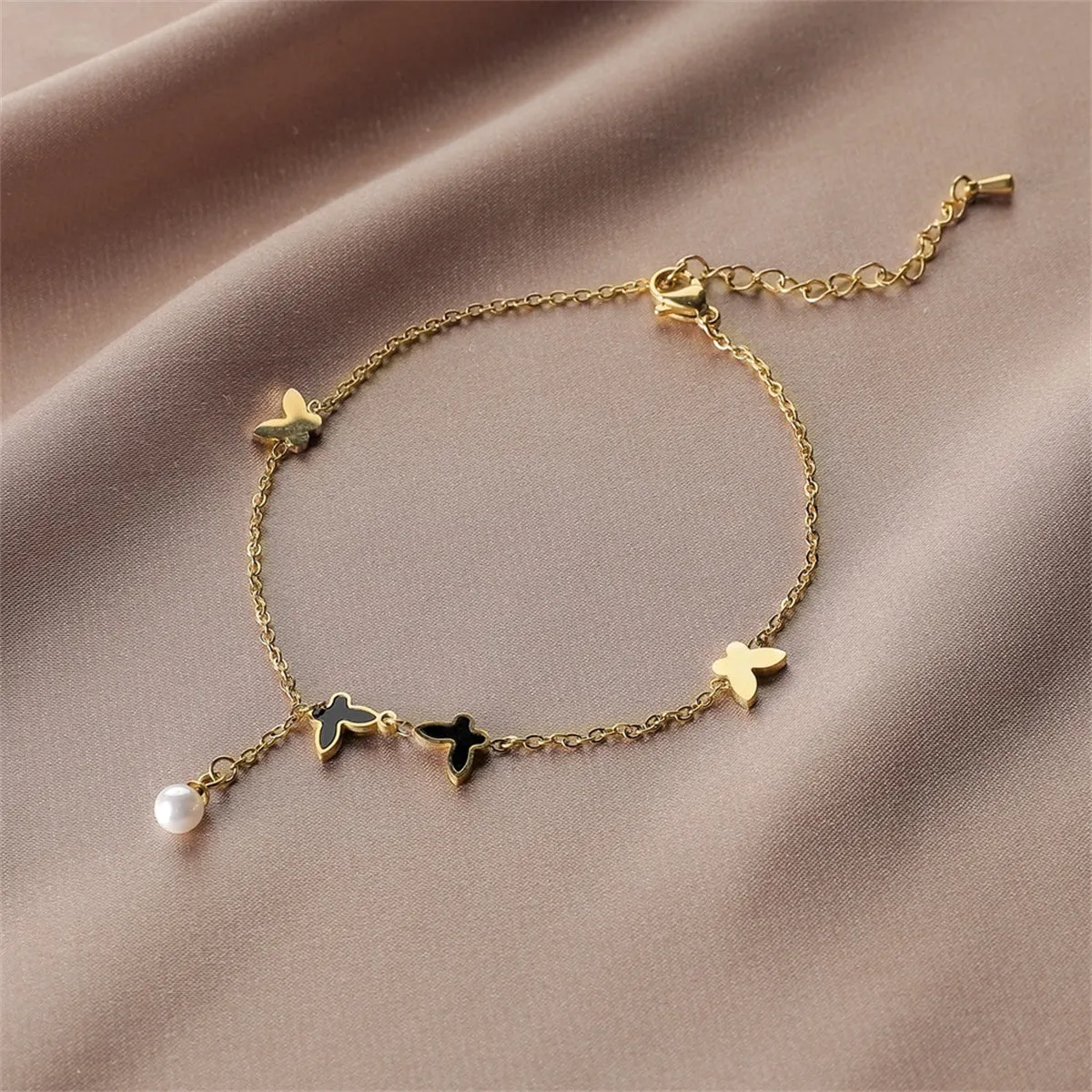 Black Acrylic & Pearl 18K Gold-Plated Butterfly Anklet