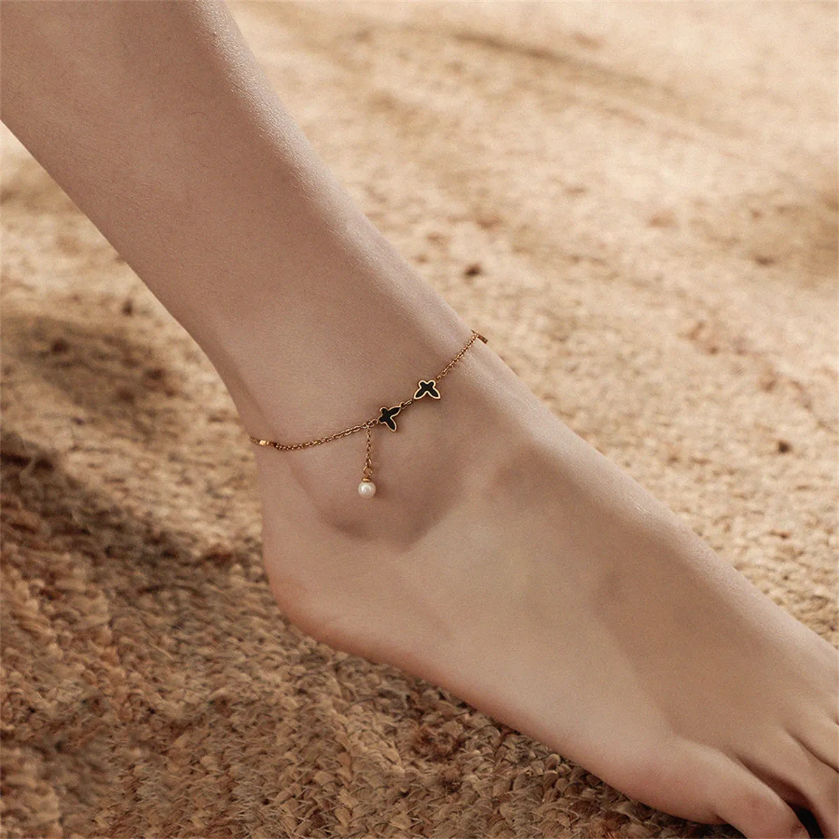 Black Acrylic & Pearl 18K Gold-Plated Butterfly Anklet