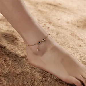 Black Acrylic & Pearl 18K Gold-Plated Butterfly Anklet