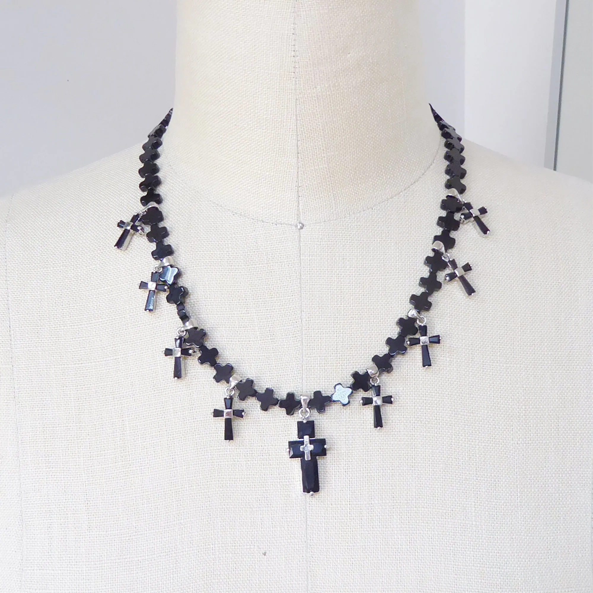 Black cubic zirconia cross necklace