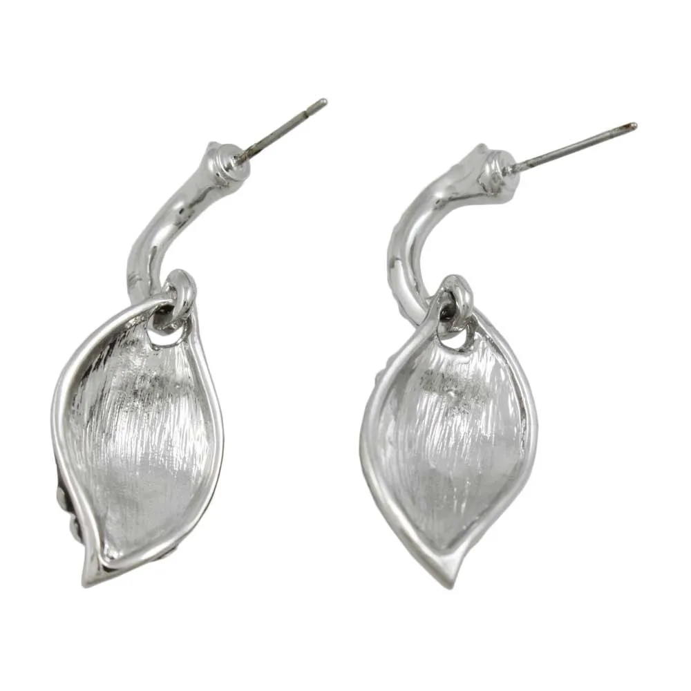 Black Enamel Teardrop with Silver Flowers Pierced Earring - REE307