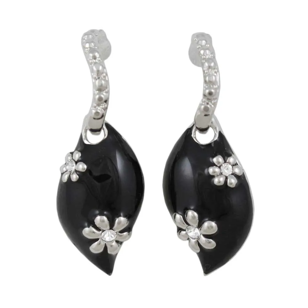 Black Enamel Teardrop with Silver Flowers Pierced Earring - REE307