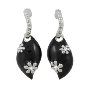 Black Enamel Teardrop with Silver Flowers Pierced Earring - REE307