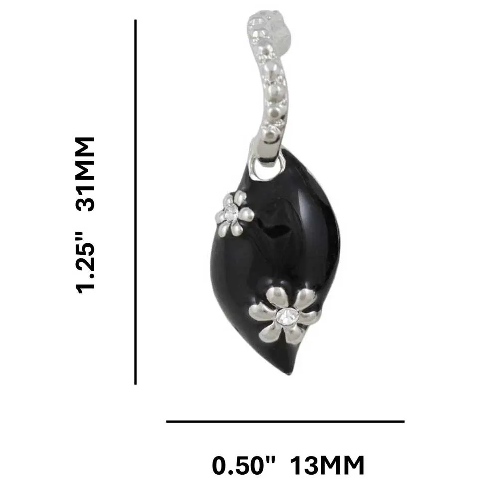Black Enamel Teardrop with Silver Flowers Pierced Earring - REE307