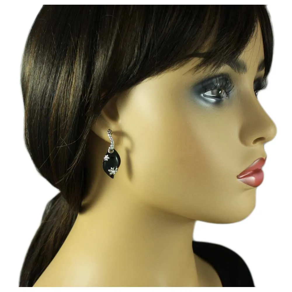 Black Enamel Teardrop with Silver Flowers Pierced Earring - REE307