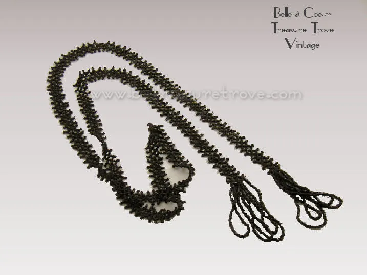 Black Glass Flapper Bead Necklace 1920s Original Antique Gatsby Era