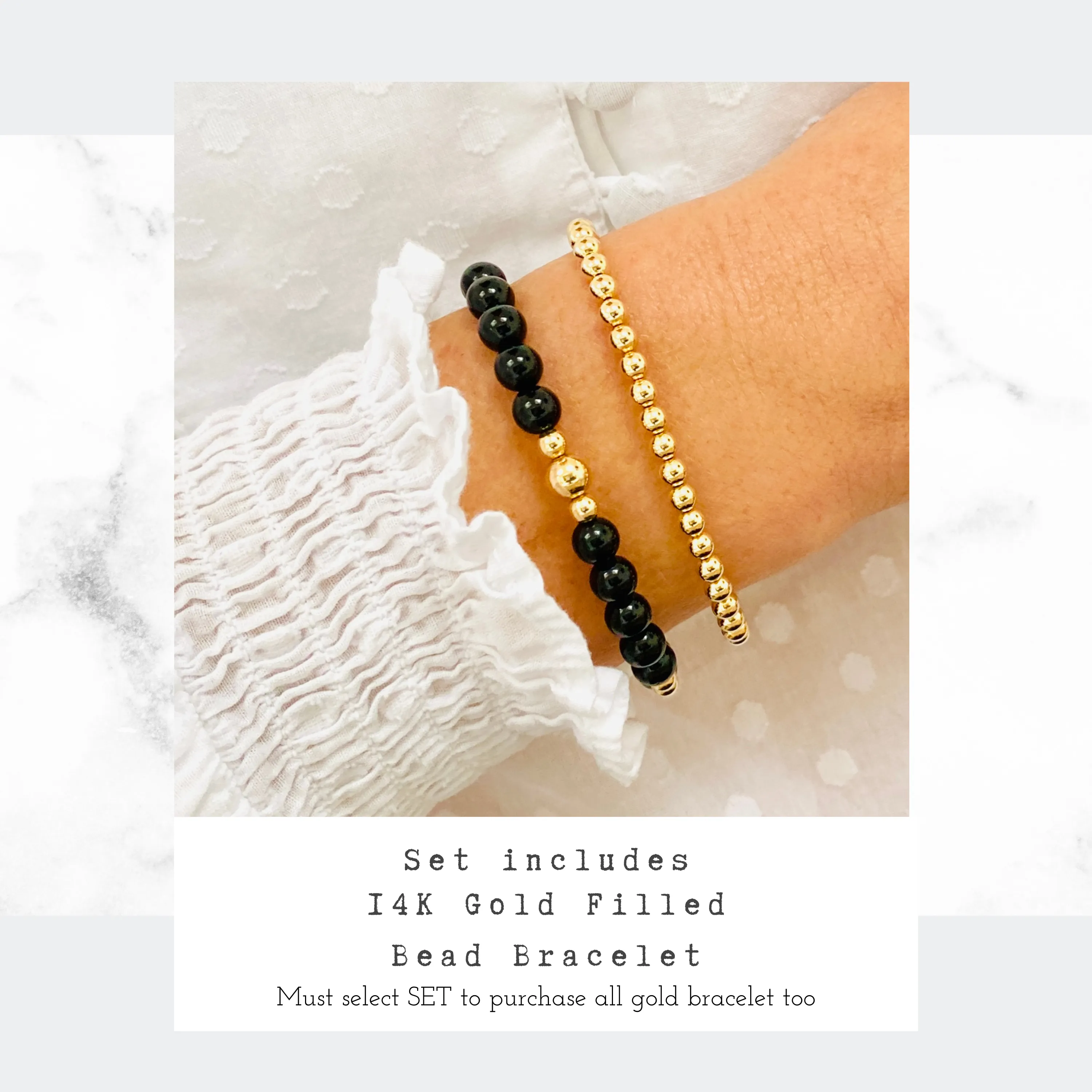 Black Onyx Gemstone Bracelet with Gold Accent | Solo or Stack Set