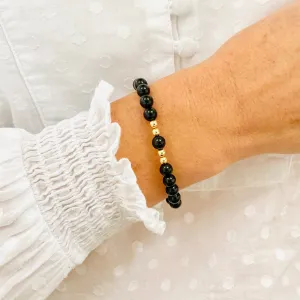 Black Onyx Gemstone Bracelet with Gold Accent | Solo or Stack Set