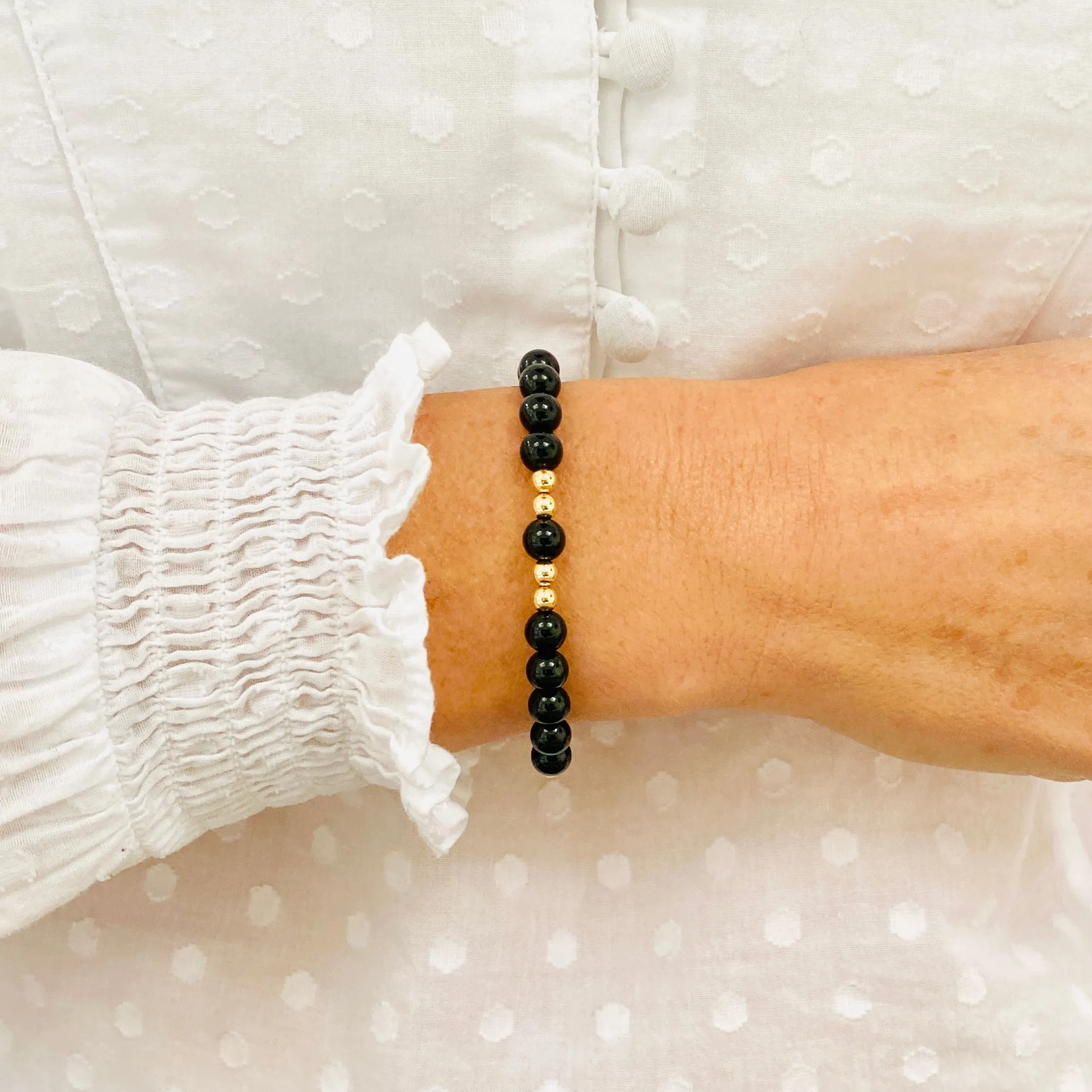 Black Onyx Gemstone Bracelet with Gold Accent | Solo or Stack Set