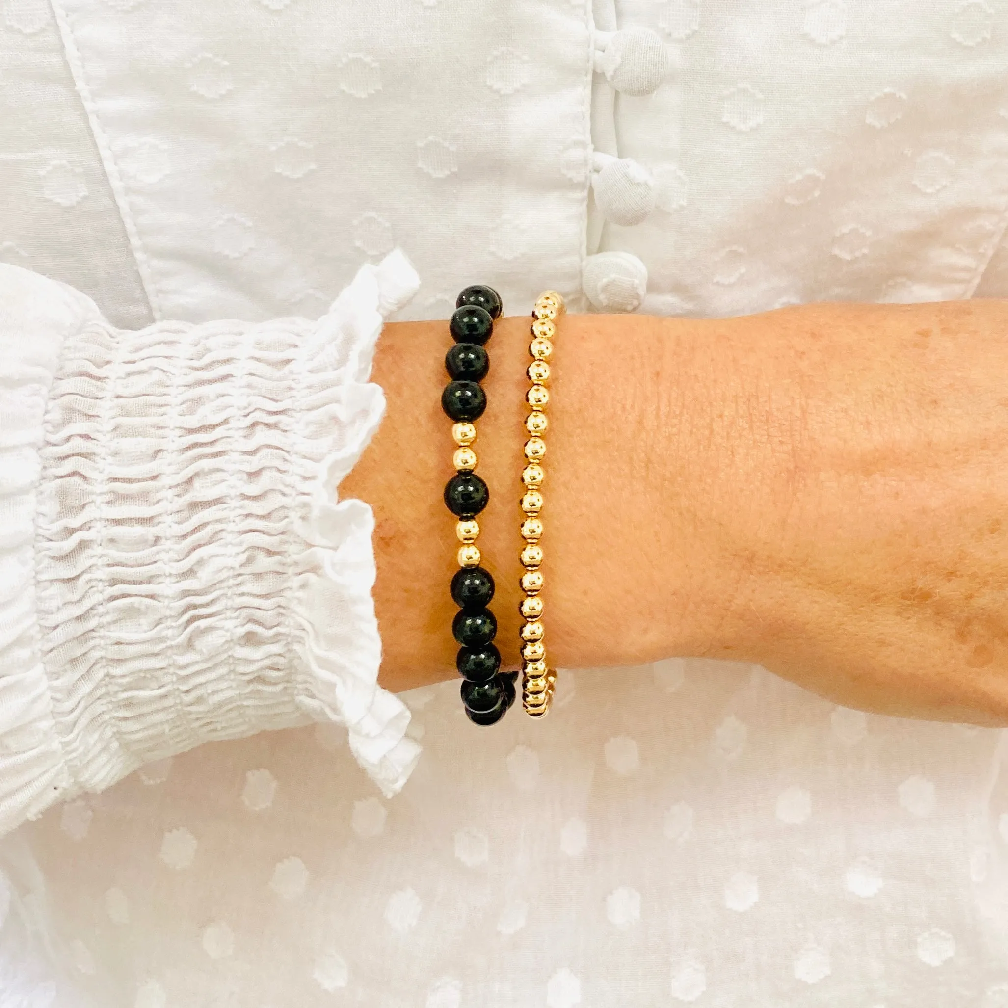 Black Onyx Gemstone Bracelet with Gold Accent | Solo or Stack Set