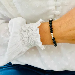Black Onyx Gemstone Bracelet with Silver Accent | Solo or Stack Set