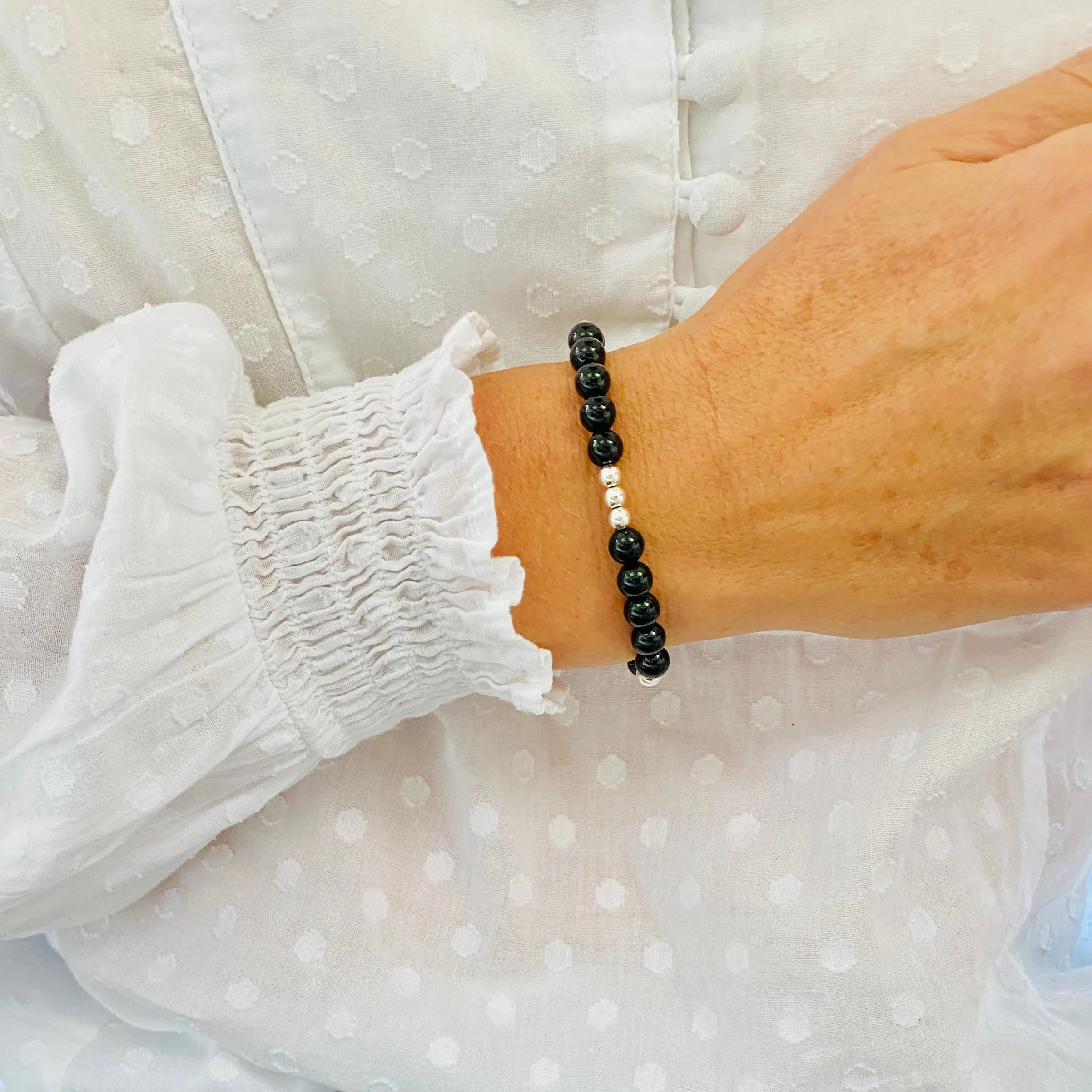 Black Onyx Gemstone Bracelet with Silver Accent | Solo or Stack Set
