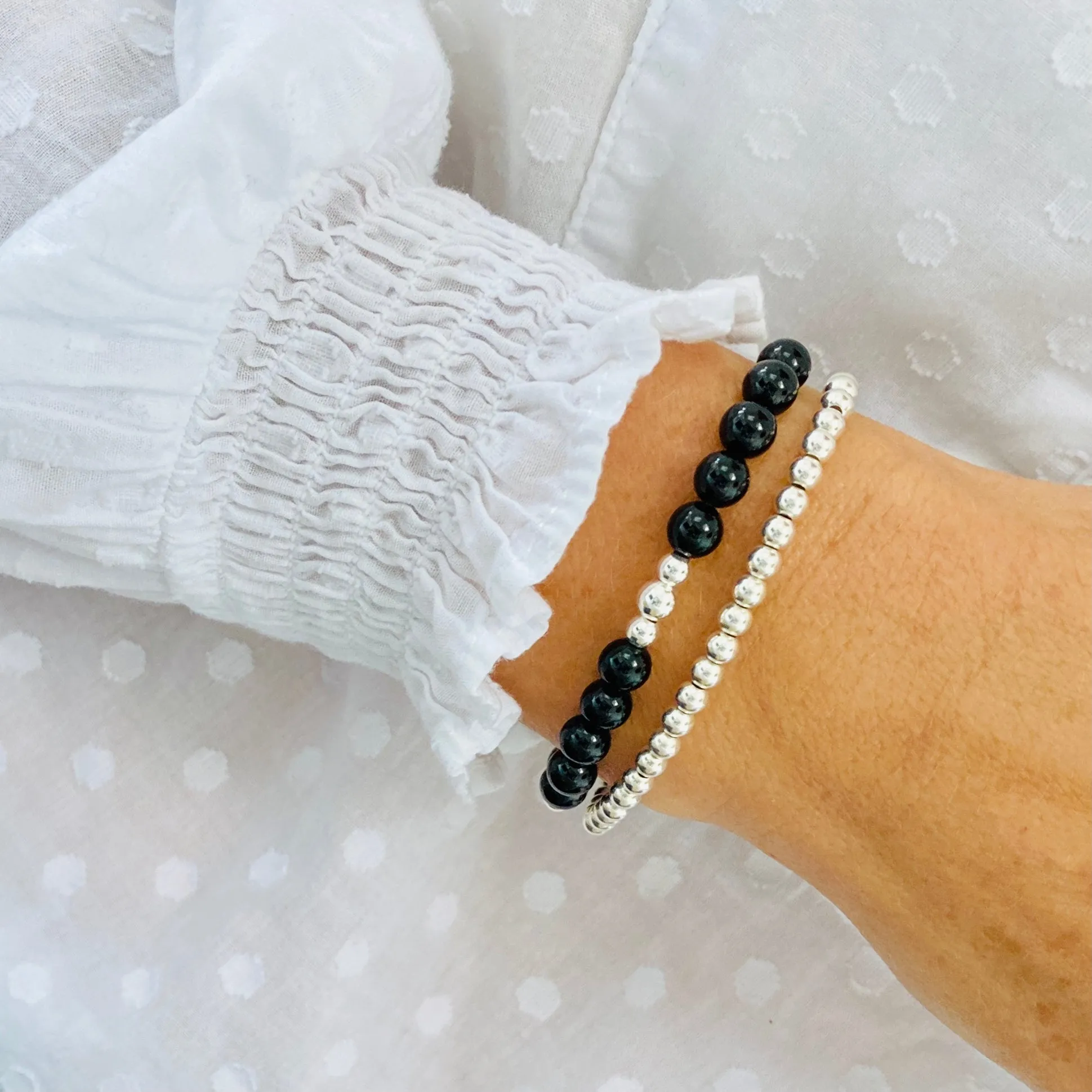 Black Onyx Gemstone Bracelet with Silver Accent | Solo or Stack Set