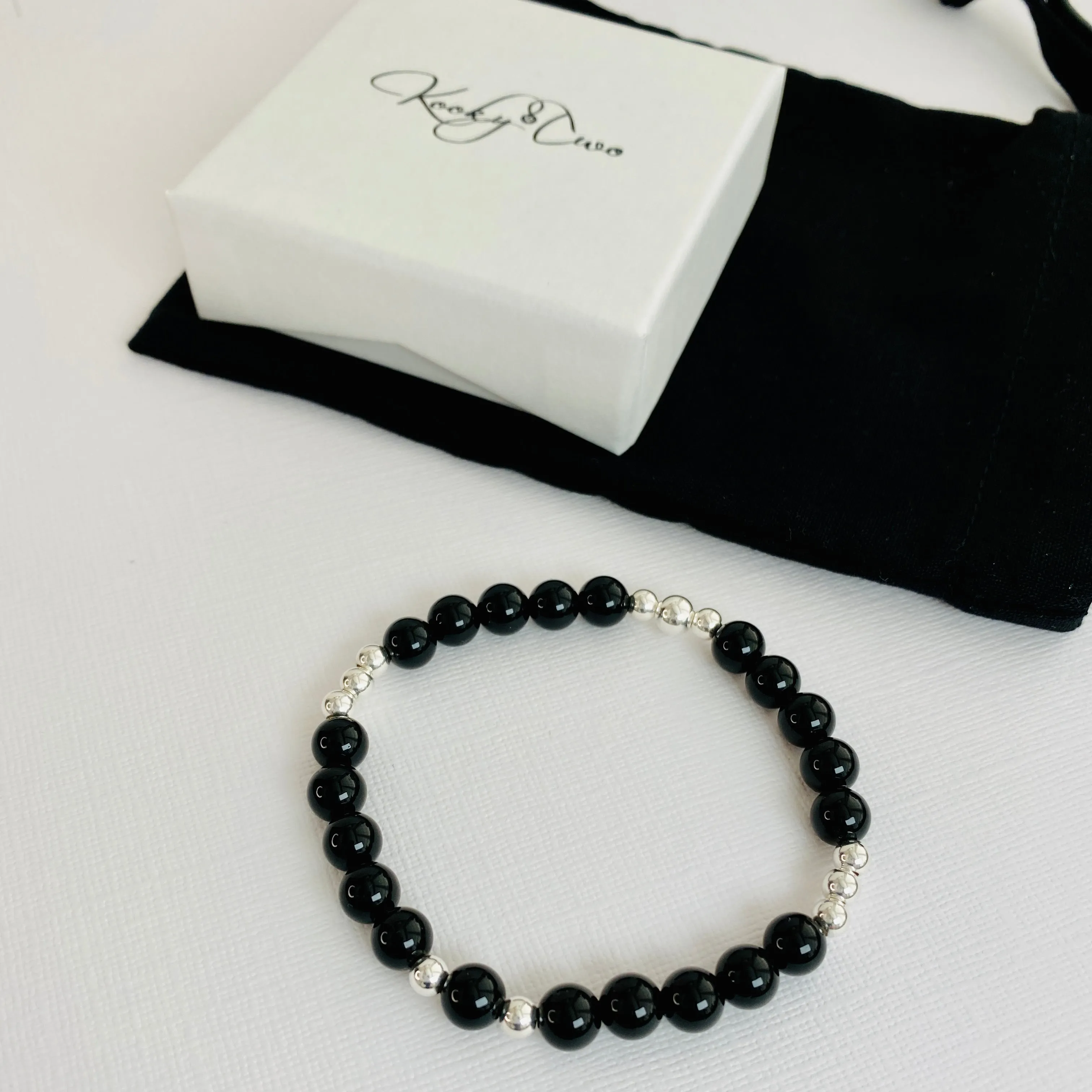 Black Onyx Gemstone Bracelet with Silver Accent | Solo or Stack Set