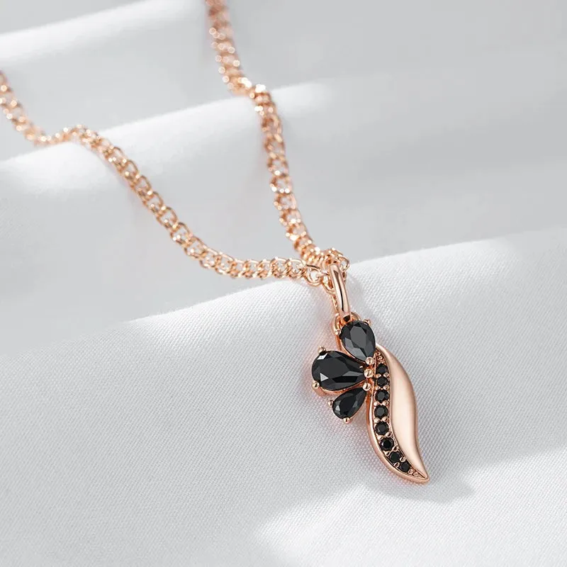 Black Zircon Rose Gold Crystal Flower Pendant Necklace