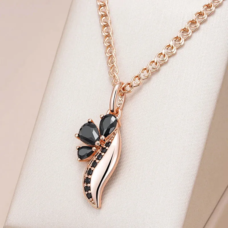 Black Zircon Rose Gold Crystal Flower Pendant Necklace