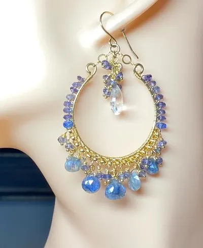 Blue Gemstone Hoop Chandelier Earrings Wire Wrap Sapphire