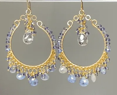 Blue Gemstone Hoop Chandelier Earrings Wire Wrap Sapphire