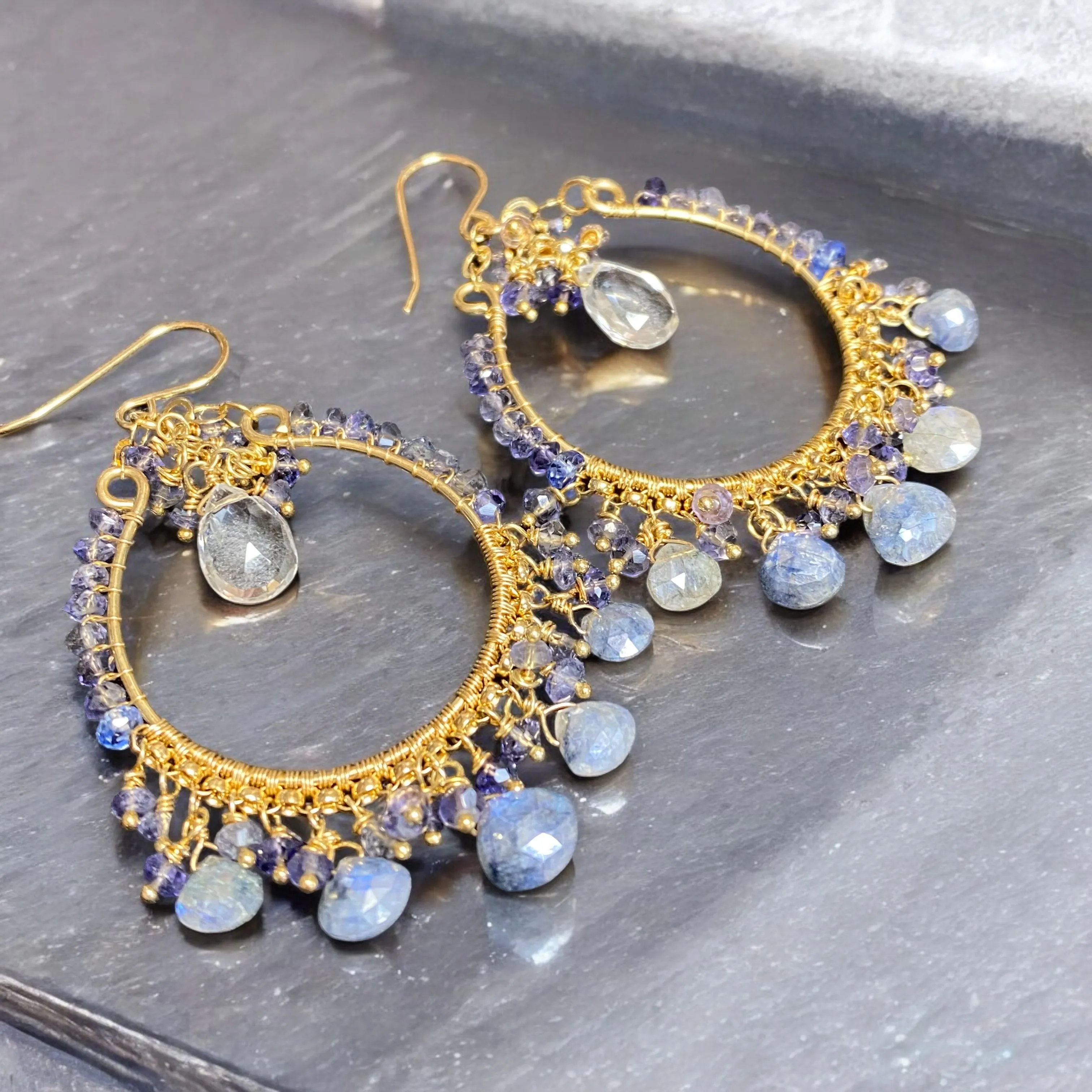 Blue Gemstone Hoop Chandelier Earrings Wire Wrap Sapphire